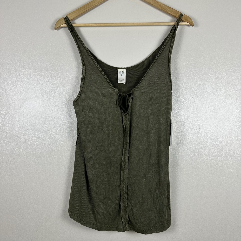 Free People Women's Small Tank Top Olive Green Lace Up Ribbed We‎ The Free NEW